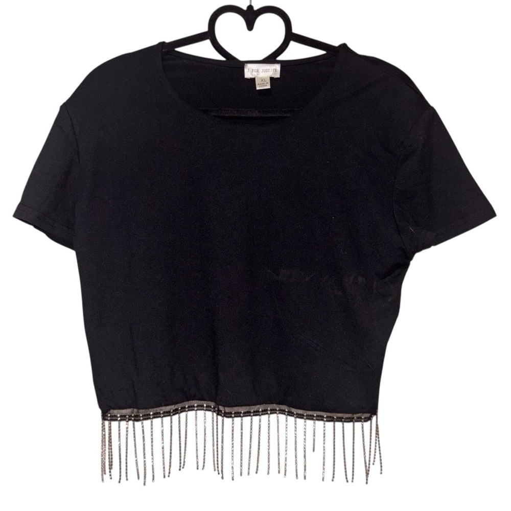 J for Justify Black Rhinestone Fringe Crop Top Good Condition XL